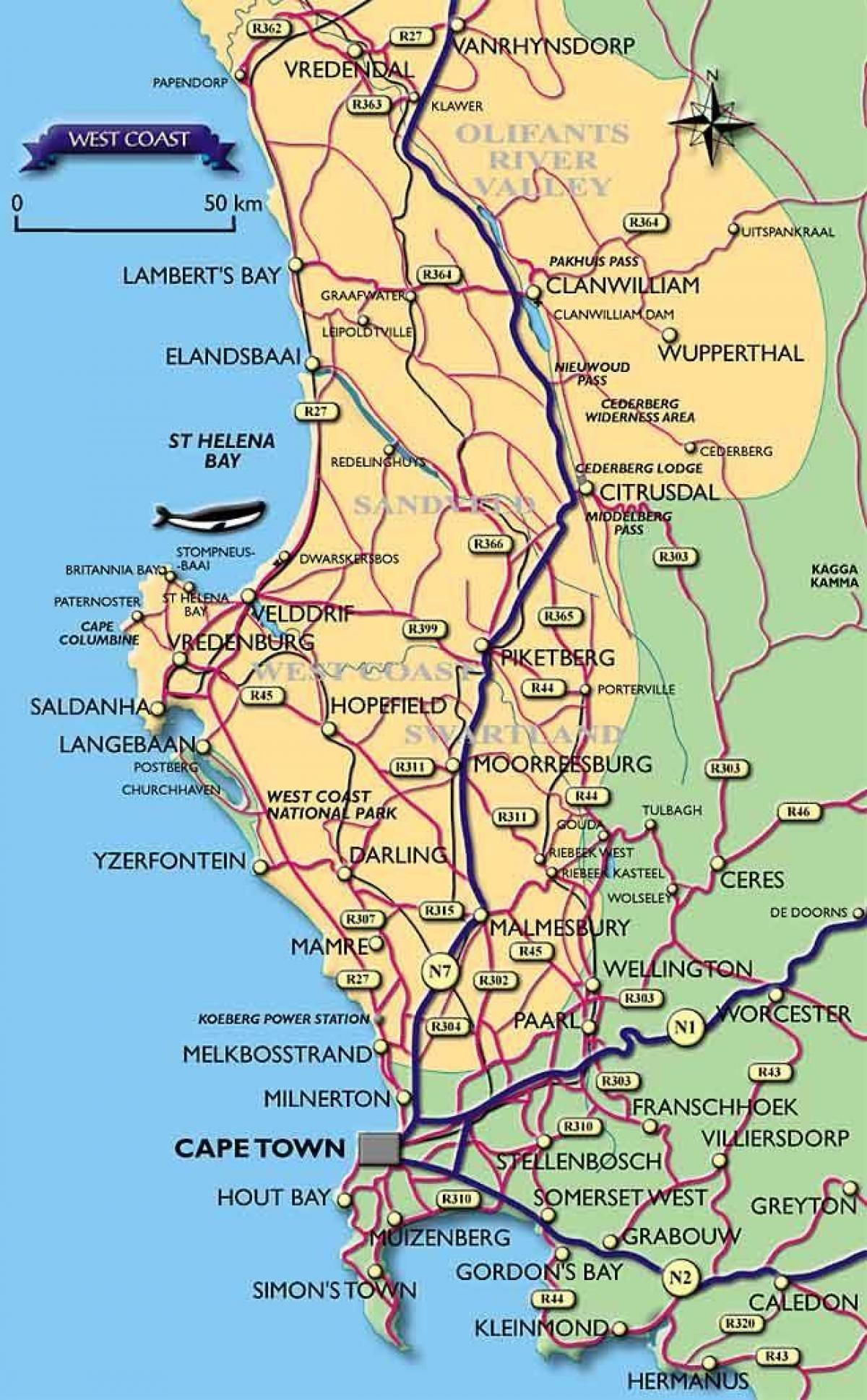 地図のケープタウンの海岸線